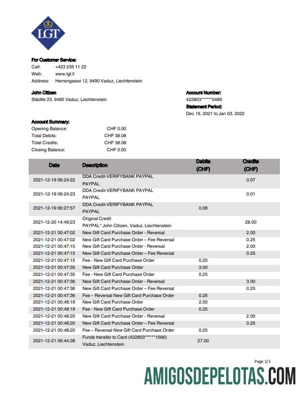 Modelo de extrato bancário LGT para impressão em Liechtenstein em formato Word e PDF